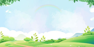 绿色卡通草地蓝天彩虹树叶春天展板背景